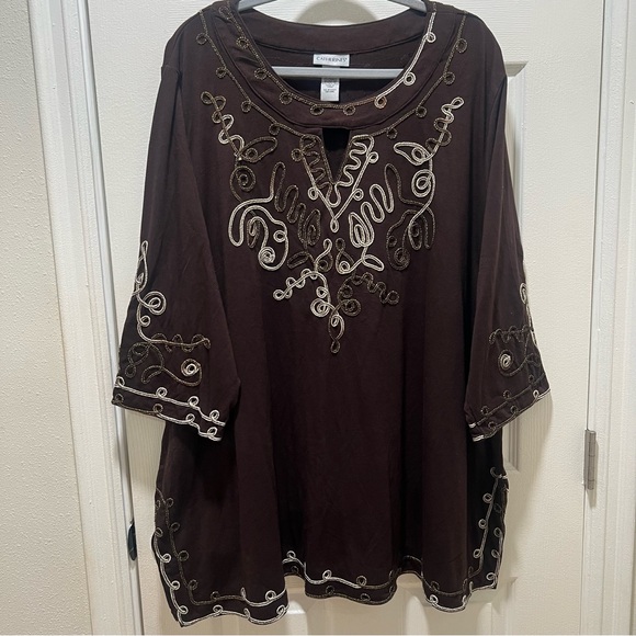 Catherines Brown Embellished Half-Sleeve Top, Women's Plus SIZE 3X - Picture 1 of 16